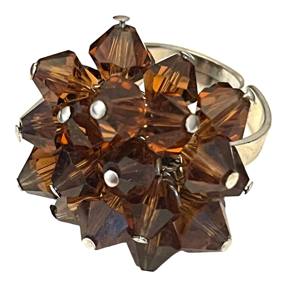 Vintage 1980s Cha Cha Style Crystal Cluster Ring Brown Beads Silver Tone - 5H